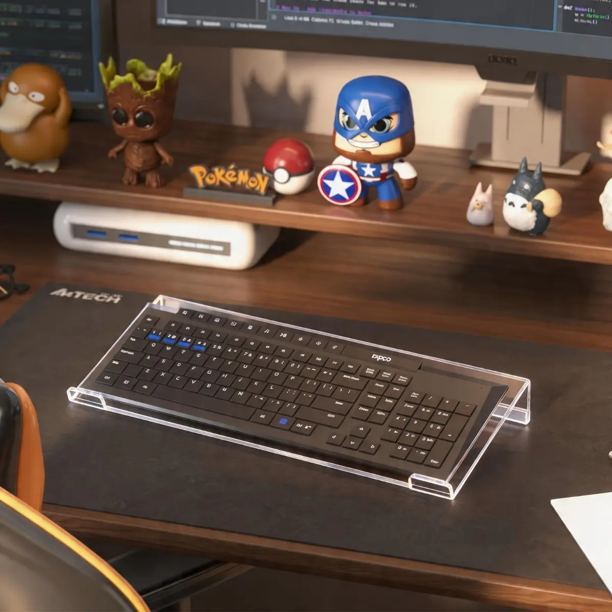 Acrylic Keyboard Stand Holder - Ergonomic Tilted Desk Keyboard Riser with Adjustable Height - Space-Saving Clear Desktop Storage Shelf for Mechanical Keyboard & Mini PC - Modern Office Gaming Decor