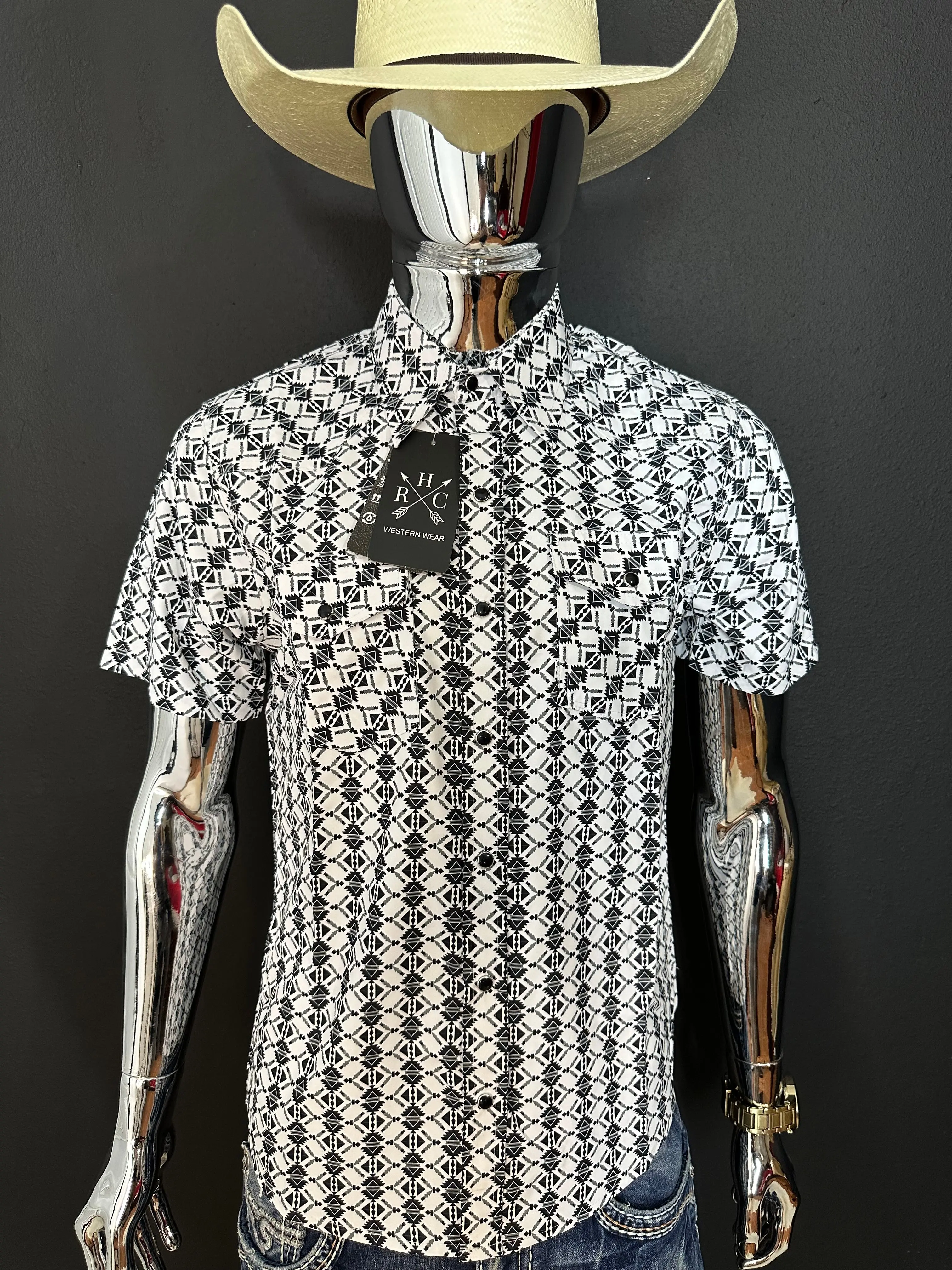 Blake Retro Aztec Snap Short Sleeve Top - Slim Fit, Casual Style, Pockets, Mannequin Display, Men's Wear