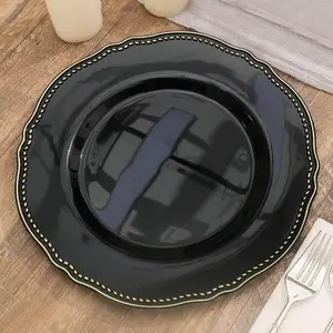 10-Pack Plastic Dinner Plates 10" Black with Gold Scalloped Rim - Large Disposable Party Plates