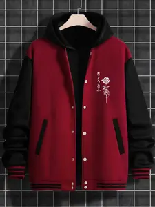 Men's Casual Letter Print Baseball Jacket, Three Color Options Wine, Fashion Contrast Pilot Jacket, Bomber, New York Style, Street Fashion Outerwear