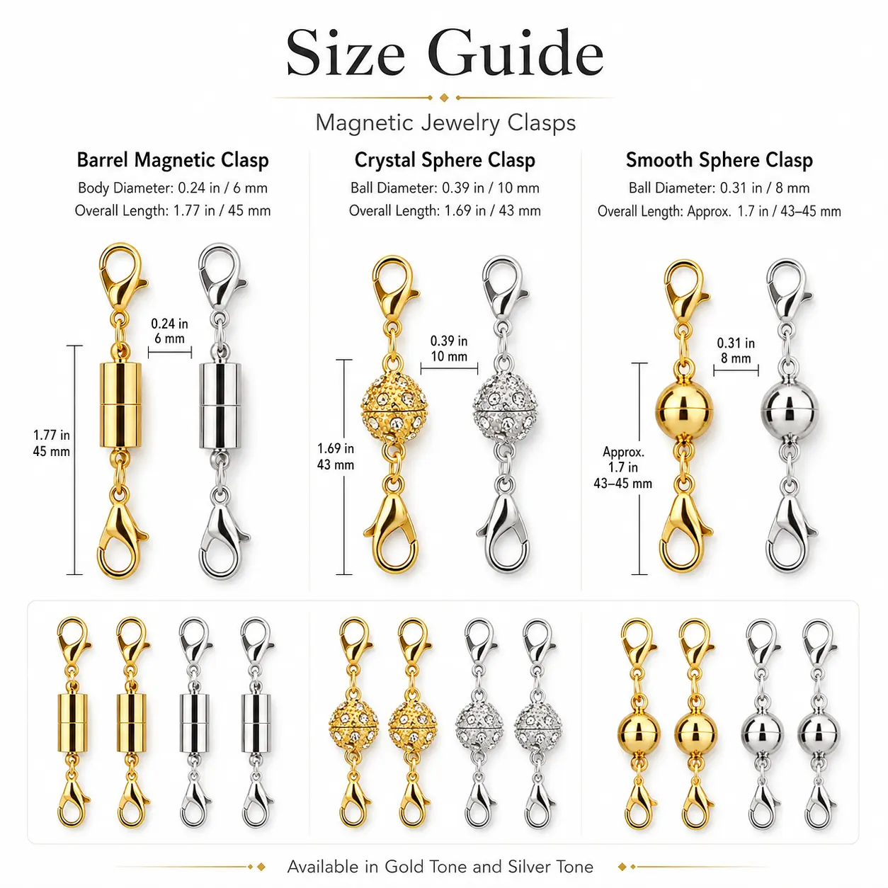 Unisex Jewelry Findings - Barrel-Style Metal Connectors with Crystal Spheres, Lightweight Silver/Gold Tone Magnetic Elegant Jewelry Making Supplies, Perfect Gift for Women and Girls for Necklaces/Bracelets Daily Wear