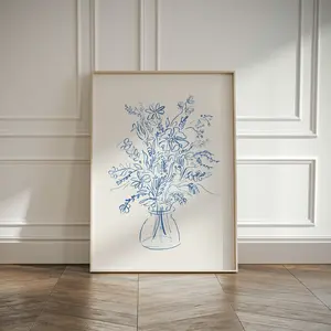 Blue Floral Still Life Drawing - flower bouquet art print - bohemian aesthetic poster - botanical wall art - fine line flower art ATTG146 3-12 15