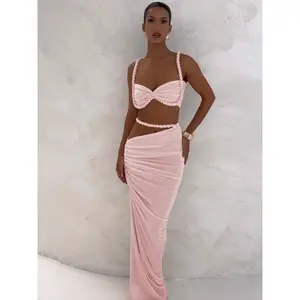 summer spring clothes  Square Collar 2 Piece Set Women Bra+Skinny Long Skirts Bandage Ruched 2025 Summer Vacation Beach Party Trend Suits