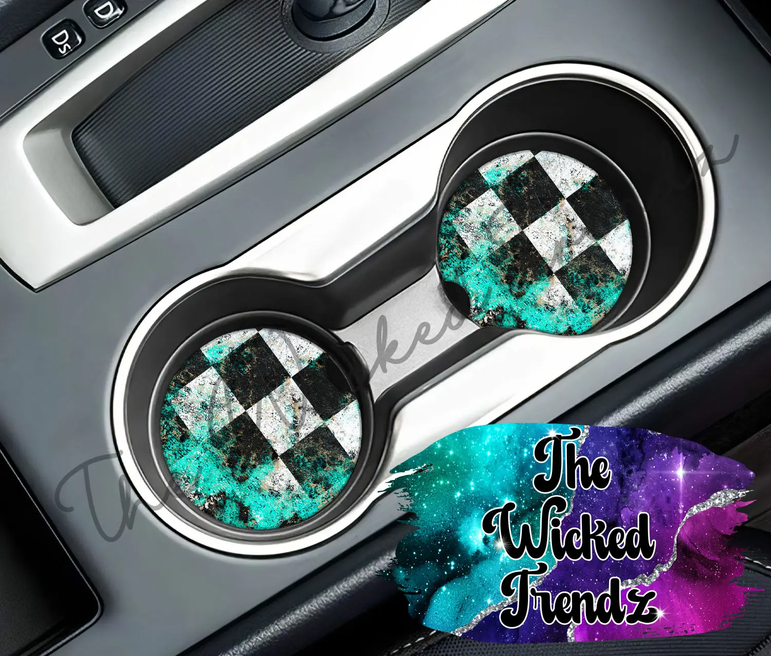 Cute Car Coasters Set of 2 Teal Checkered Flag Race Car Racetrack Racing Cute Car Truck Accessories Decor Cup Holder New Car Gift Car Decoration Women