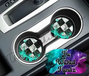Cute Car Coasters Set of 2 Teal Checkered Flag Race Car Racetrack Racing Cute Car Truck Accessories Decor Cup Holder New Car Gift Car Decoration Women
