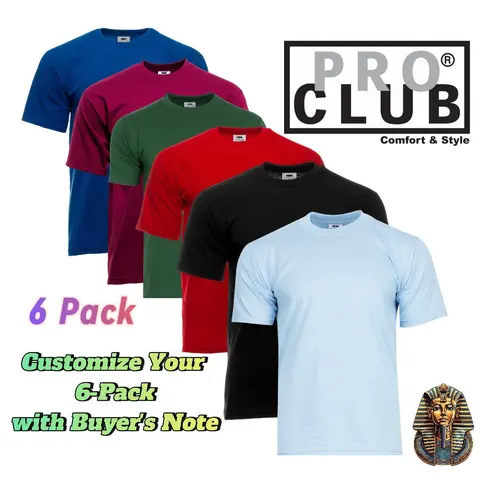 Pro Club Men's 6-Pack Heavyweight Thick Cotton Crewneck Short Sleeve Husbands Upside Down T-Shirts, Durable Blank Base Fabric Elevated Basic Menswear Clothes Tops
