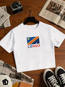Women's Y2K Style Fashion Congo Flag Print Short Sleeve Top, Casual Summer Fitted Shirt, Round Neck, Blue Designs, Streetwear, Casual Basic Tee