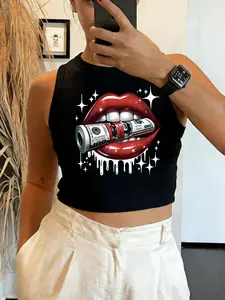 Women's Fitted Graphic Tank Top, Casual Round Neck Design, Print, Perfect for Daily Wear, Stylish Women's Clothing, Womenswear