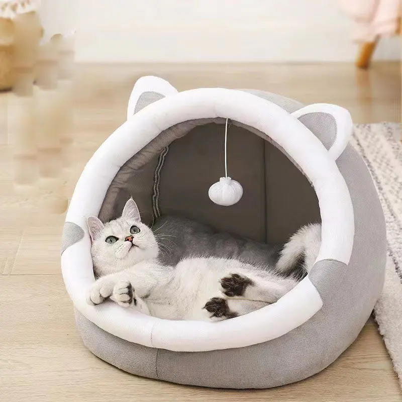 Cute & Comfy Cat Bed With Hanging Toy, Soft Velvet Plush Bedding