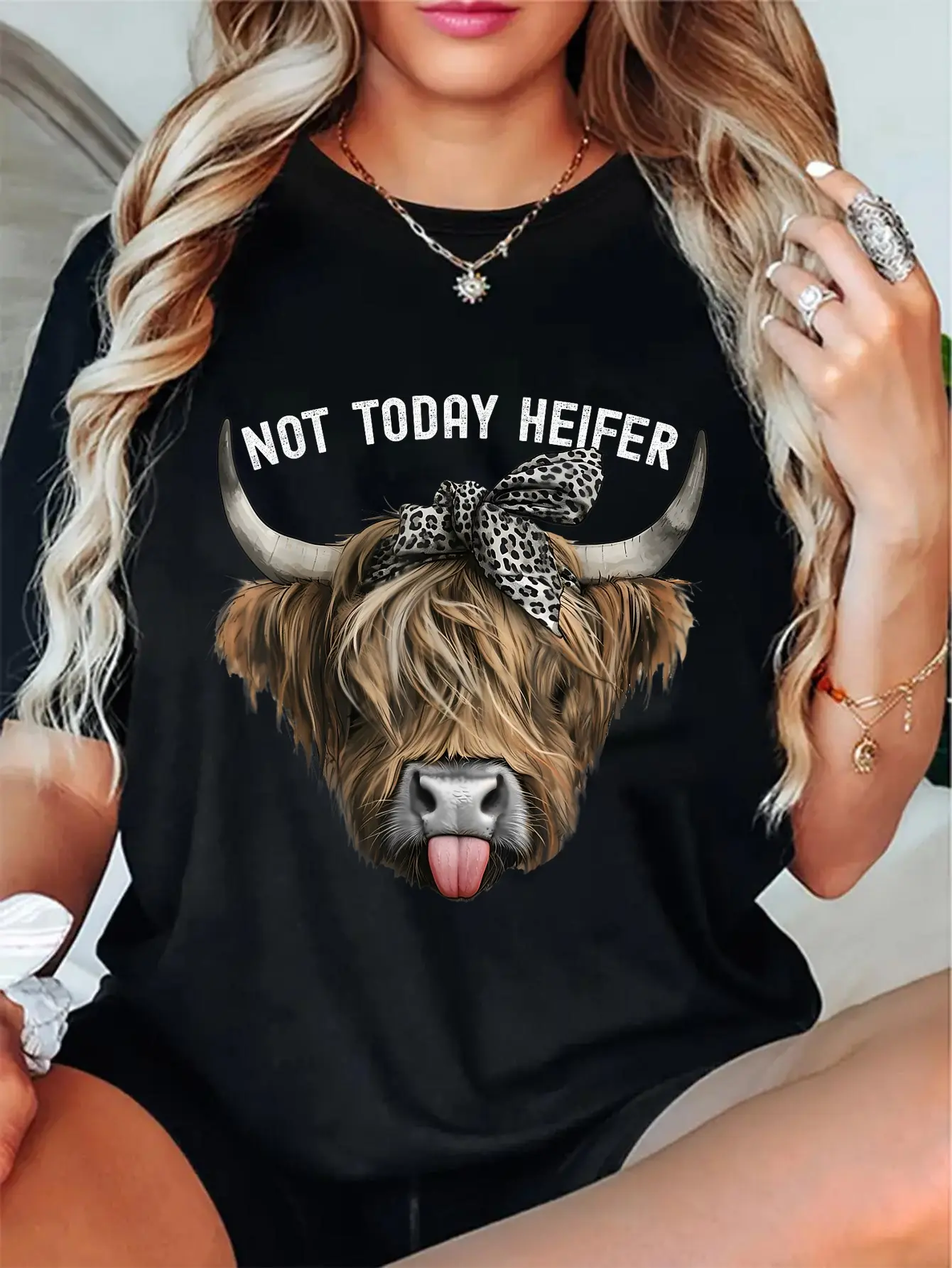 100% Cotton Unisex Not Today Heifer Highland Cow Western Women T-Shirt