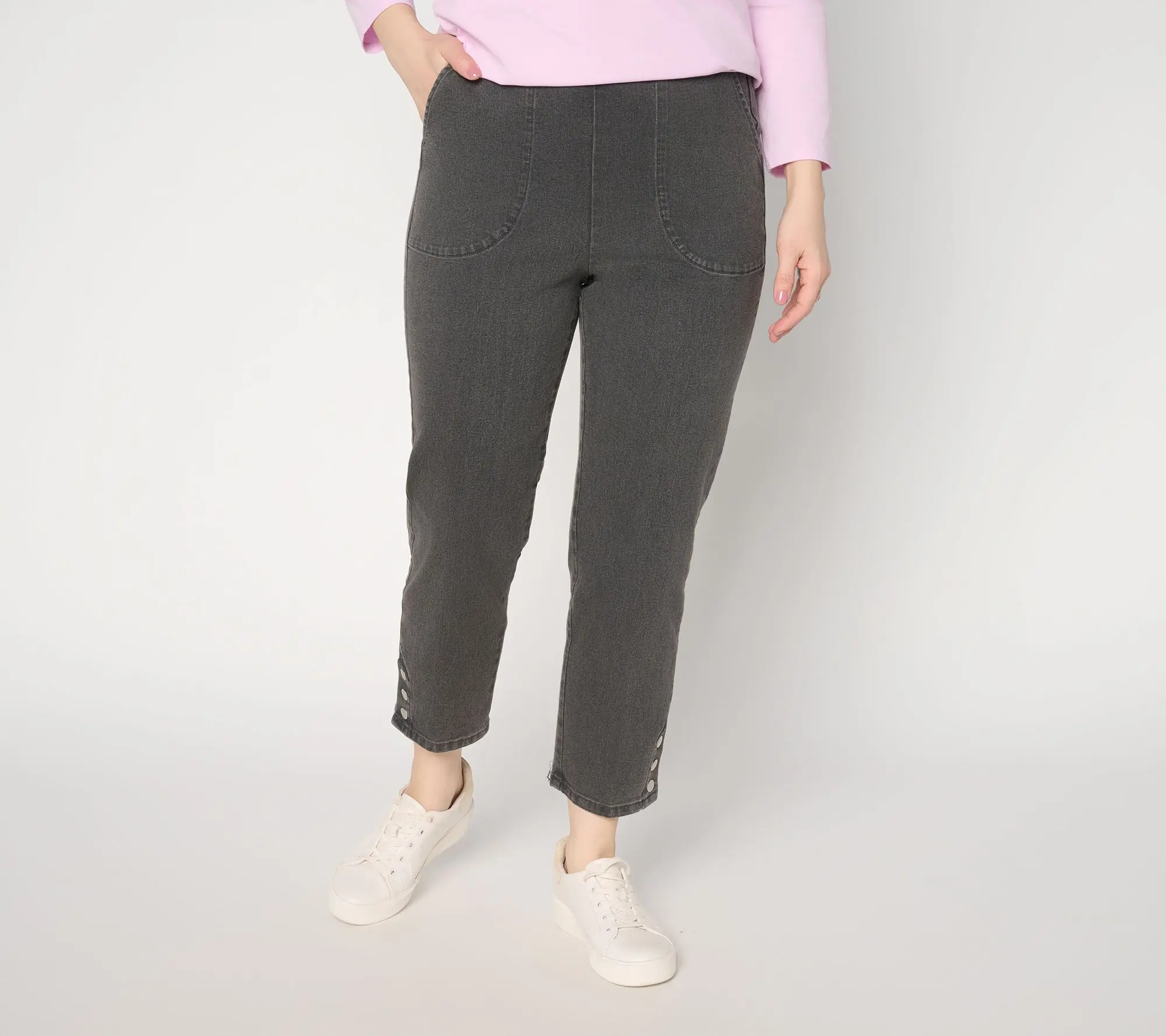 Denim & Co. Tall Black Flat Front Side Pocket Crop Pants w/ Snaps