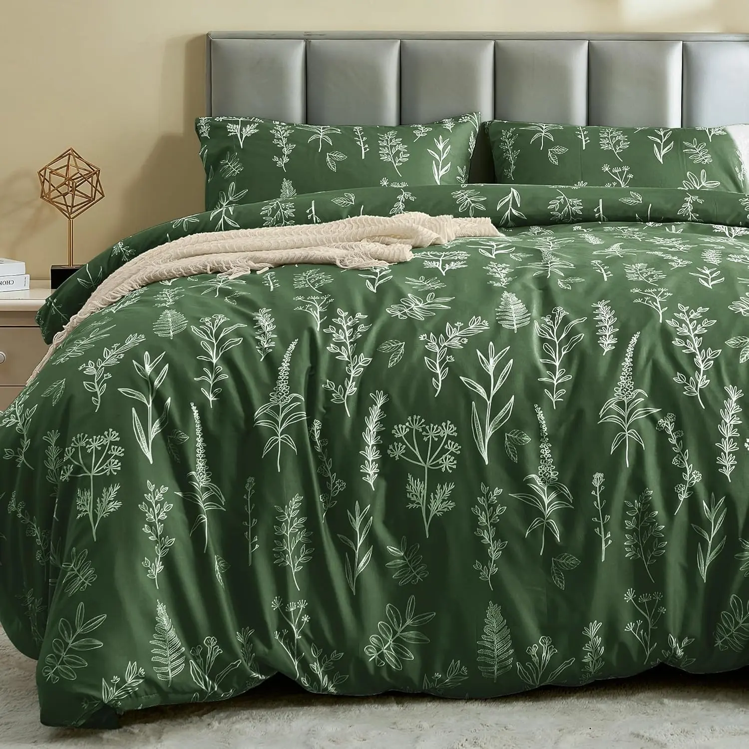 JOLLYVOGUE Duvet Cover Queen Size, Reversible Floral Dark Green Duvet Cover Set with Zipper Closure, 3 Pieces Botanical Patterns Soft Microfiber Bedding Set with 4 Ties (90"x90", 2 Pillow Cases)