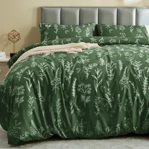 JOLLYVOGUE Duvet Cover Queen Size, Reversible Floral Dark Green Duvet Cover Set with Zipper Closure, 3 Pieces Botanical Patterns Soft Microfiber Bedding Set with 4 Ties (90"x90", 2 Pillow Cases)