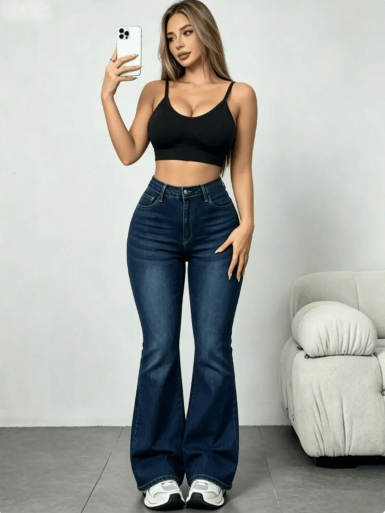 【Plus Size】Plus Size Flare Jeans for Women, High Rise Butt Lifting Stretch Denim for Daily Streetwear, Minimalist, Day, Elastic, Flared, Comfortable, Bottom, Plus Size Tummy Flattering Clothes, Flattering Jeans, Slim, Stretchy Jeans