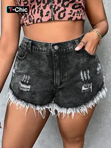 Plus Size Women's Ripped Denim Fitted Shorts with Fringe Design Tassel, Casual Fashion Summer Wear, Comfortable Daily for Ladies, Bottom