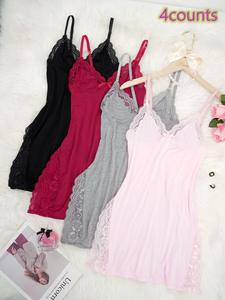 women's contrast lace bow decor cami nightdress, casual soft comfortable spaghetti strap nightgown for all seasons, ladies sleepwear for daily wear, womenswear