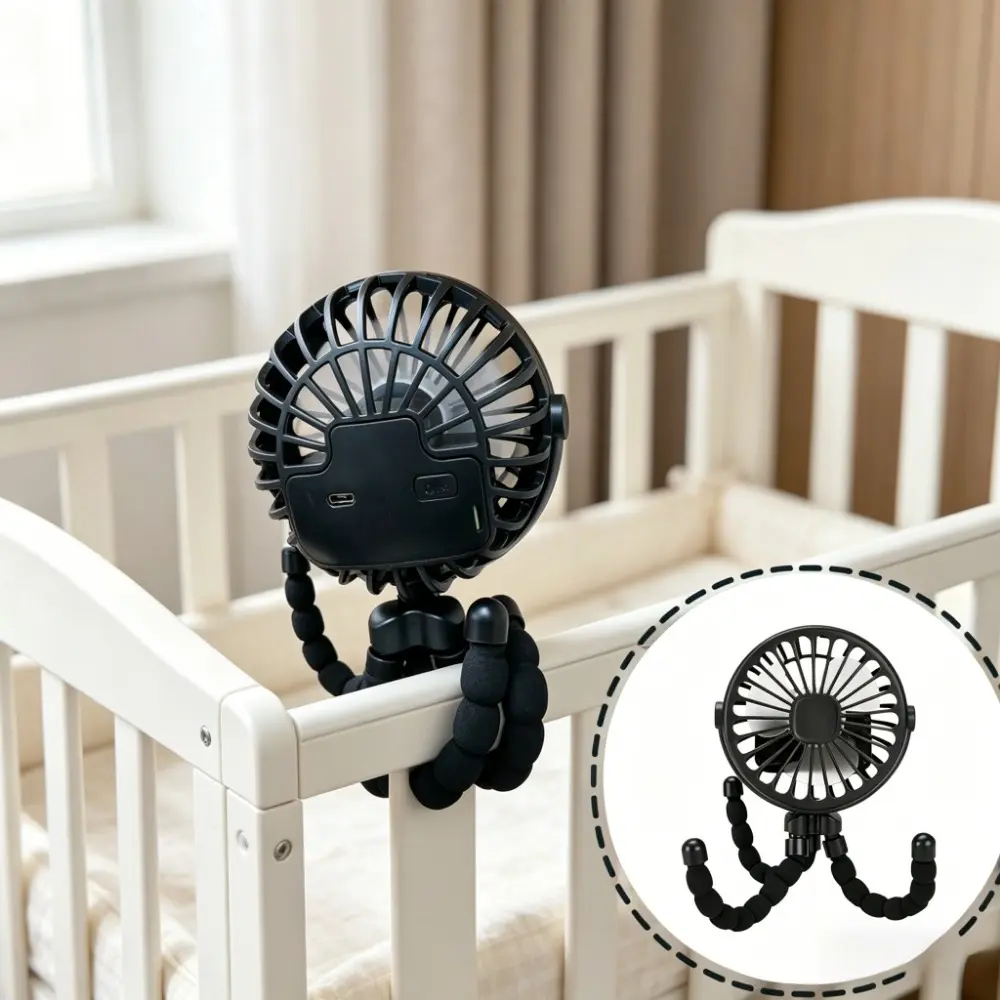 Portable Stroller Fan with Flexible Octopus Legs, 360° Rotate Mini Fan for Baby, USB Rechargeable Clip-On Grip for Car Seat, Crib, Desktop
