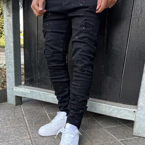 Men's Trendy Streetwear Street Style Slim-fitting Heavy Distressed Ripped Frayed Jeans, Colorful Splatter Design, All-Season Fashion Pants Fitted