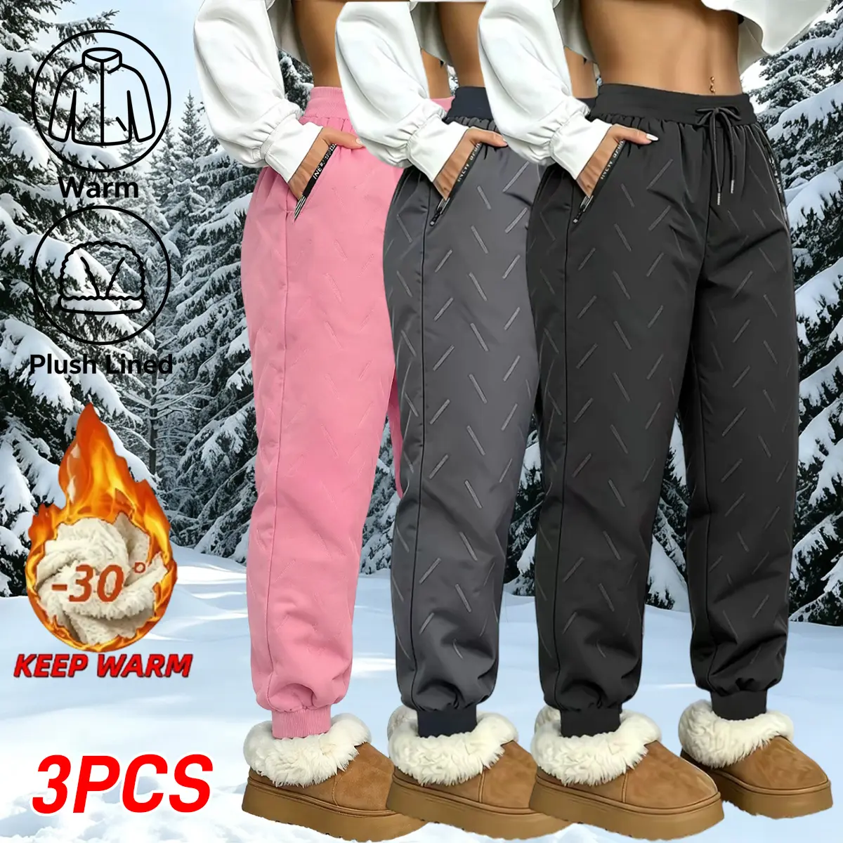Women's Multi-Size Polyester Fleece-Lined Warm Casual Sports Sweatpants Set (3 Pairs) - Autumn/Winter Mid Waist, Elastic Band, Drawstring Tie, Windproof Cuffs, Machine Washable Clothes - Comfy Women's Clothing for Home Wear, Hiking