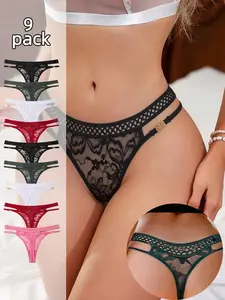 Lace Sexy Women's Thong Panties, Low Waist Mesh Underwear with Metal Buckle, 9 Pcs Set, Suitable for All Seasons, Versatile Design