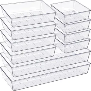 10 Pack Large Clear Plastic Drawer Organizer Set, 3 Size Versatile Bathroom and Vanity Organizer Trays, Storage Bins for Makeup, Bedroom, Kitchen Utensils