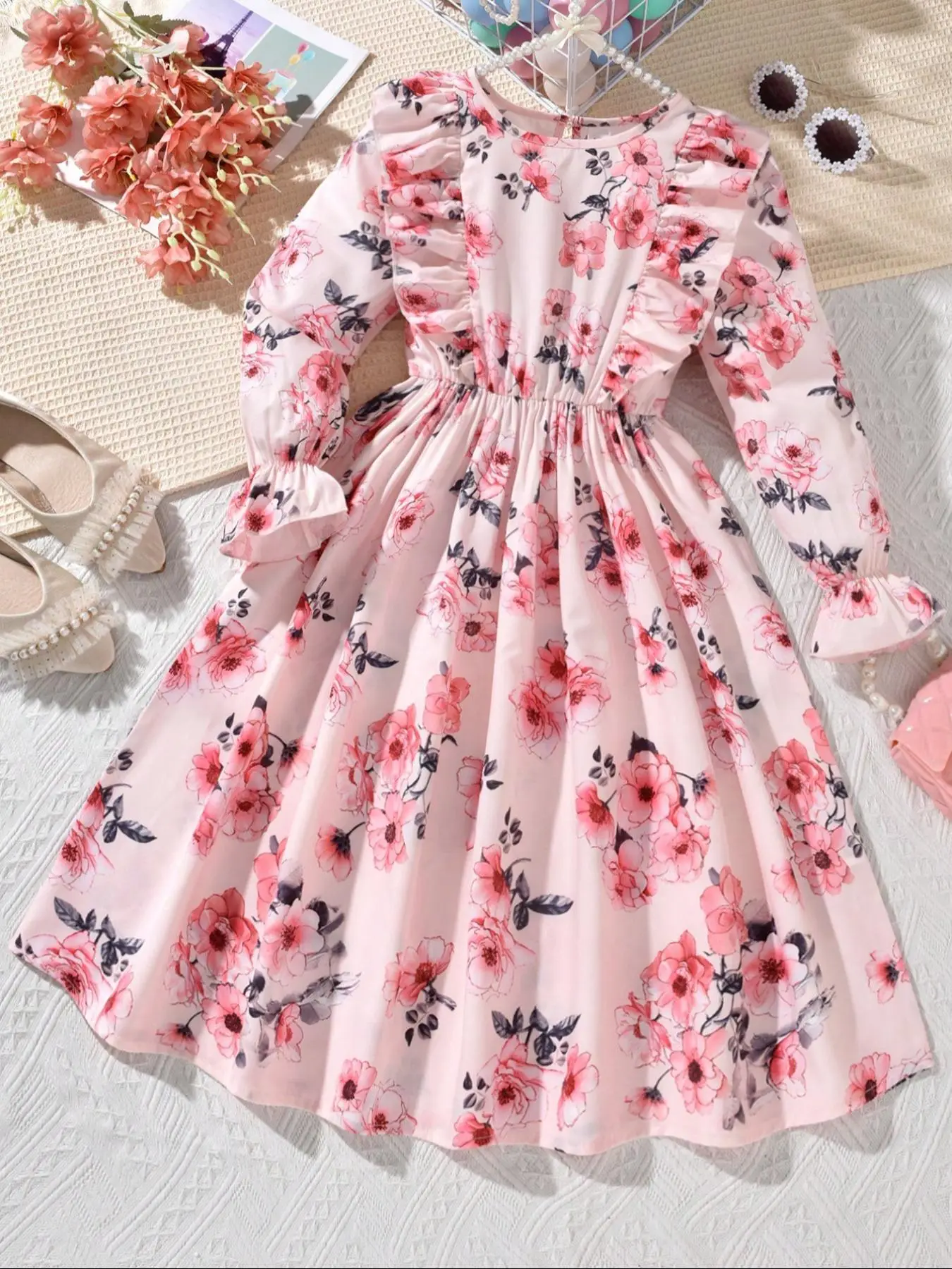 Girl's Floral Print Ruffle Trim Dress, Elegant Casual Long Sleeve Dress for Spring & Fall, Kids Clothes for Daily Wear, Dresses Summer