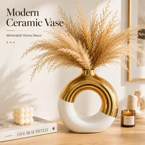 Modern Bohemian Platinum Ceramic Ellipse Decorative Vase - Home Decor Ornament, Living Room Coffee Table Holder, Dried Flower & Reed Container, Special Occasion Souvenir