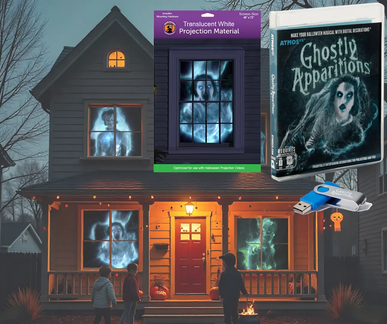 AtmosFX Ghostly Apparitions USB + 48" x 72" White Holographic Screen for Halloween Projection