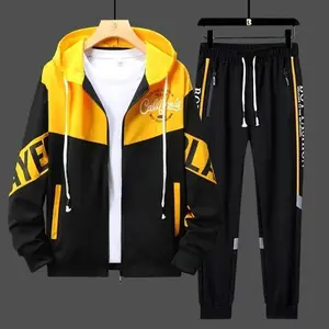 Men’s two-piece sports set featuring a casual sweatshirt and joggers, slim fit outfit with letter print for spring/autumn fitness and leisure activities, yellow and black design