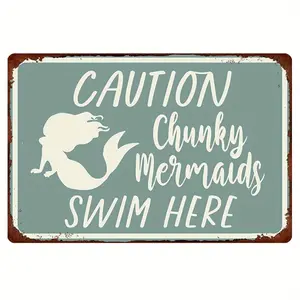 Vintage-Style 8X12" Metal Pool Rules Sign - "Caution: Chunky Mermaids Swim Here" |   Rustic Teal Wall Decor With Distressed Look, Aluminum, Easy To Hang For Outdoor, Home & Poolside Fun