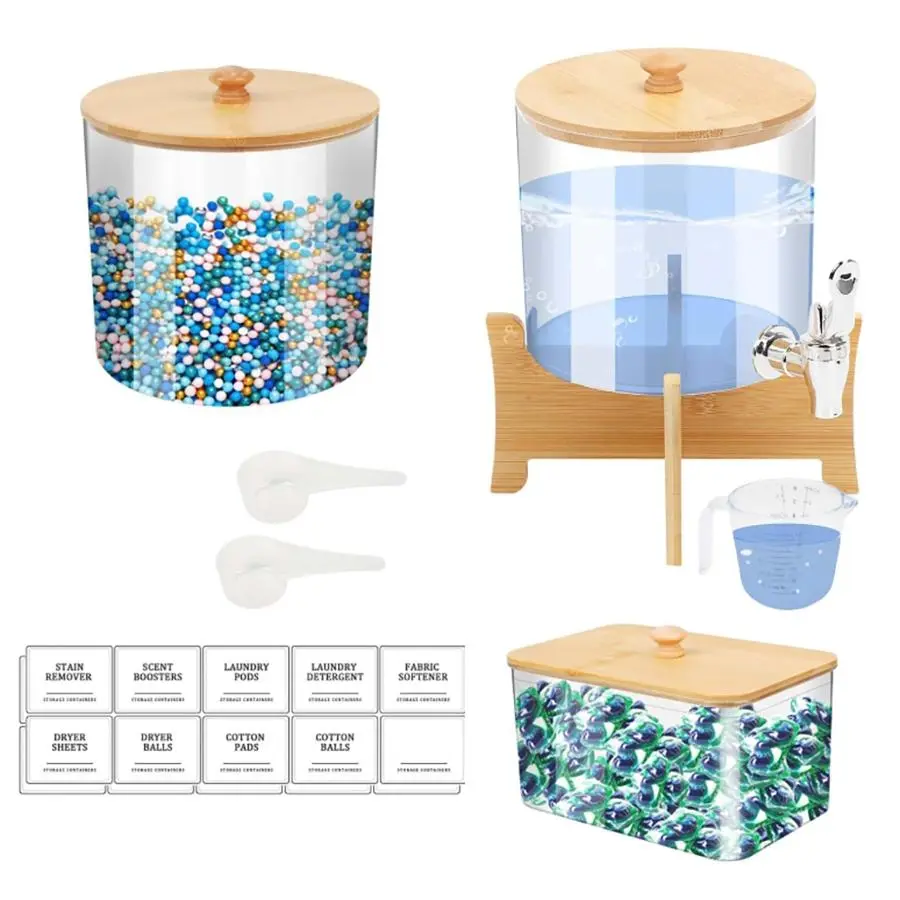 Laundry Organization and Storage Set, 3-Count Laundry Detergent Dispenser Set with Shelf and Jar Cup, Canister Containers with Labels, Plastic Kitchen Canisters, Home Storage, Also for Coffee Storage and Coffee Bar Organization
