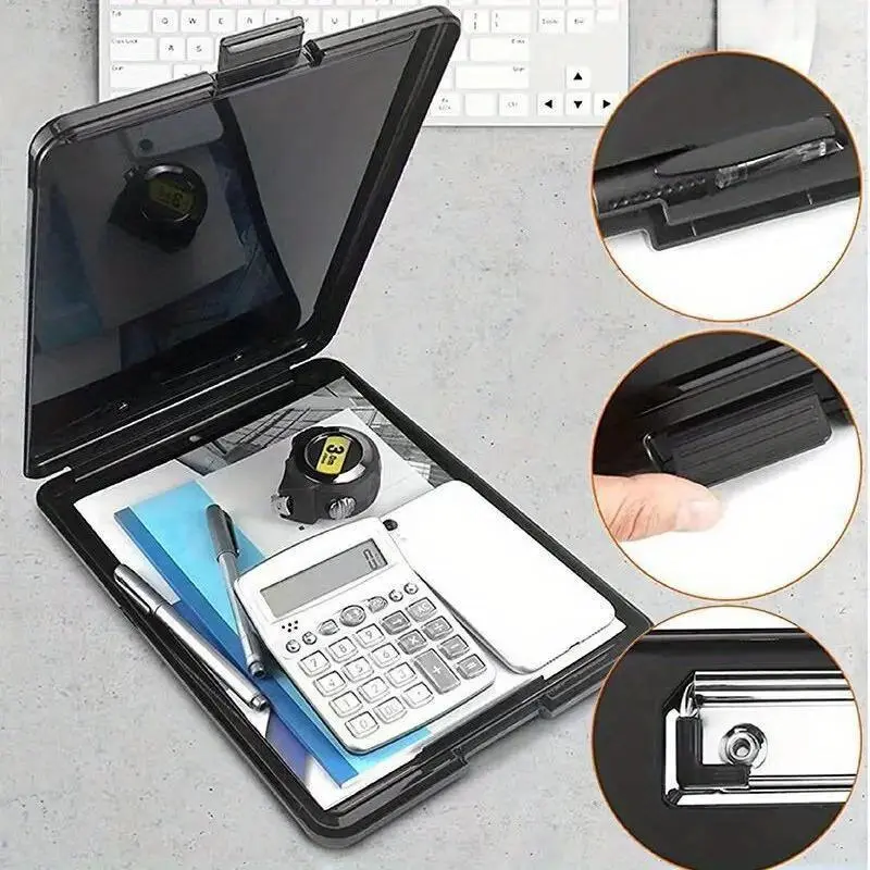 Clipboard with Hanging Hook Single Force Clip Writing Tablet Pad File Box Clipboard Box Durable Plastic Storage Foldable Covered Clipboard with Storage Heavy Duty