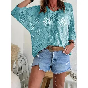 Women's Boho Chic Crochet V-Neck Sweater - Lightweight, Batwing Sleeve, Solid Green, Breathable Polyester, Comfortable Knitting for Summer Wear Short Khaki