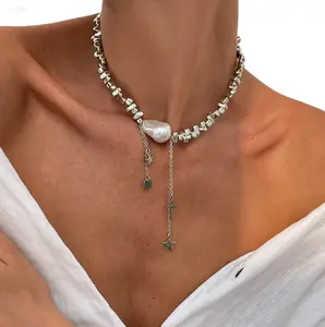 Baroque Pearl & Irregular Bead Choker Necklace, Gold/Silver Tone Asymmetrical Chain, Minimalist Statement Jewelry for Women