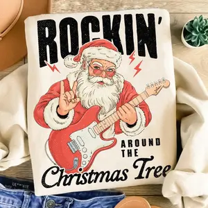 Rockin' Around the Christmas Tree Sweatshirt, Retro Guitar Vintage Santa Claus Hoodie, Classic Holiday Shirt, Christmas Carols Realistic Santa Tee