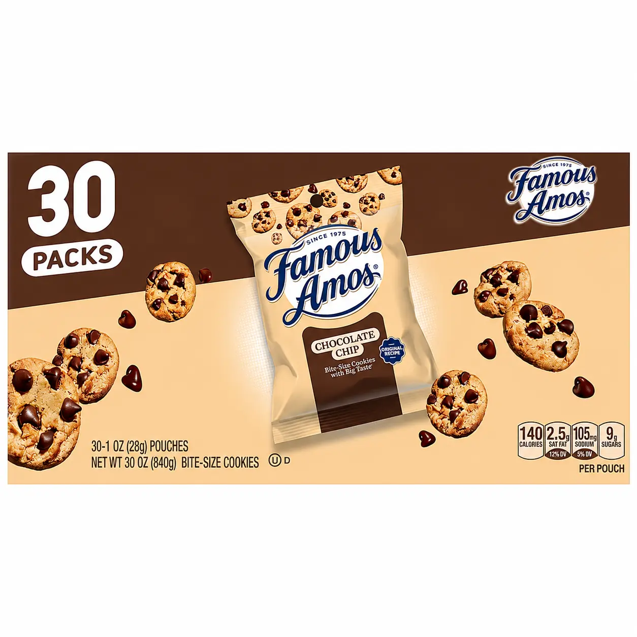 Famous Amos Original Recipe Chocolate Chip Bites Cookies - 30-Pack, 30 oz Baked Food Snacks, Chocolate Chunk Cookies for Dessert Lovers, Ideal for Road Trips & Cupboard Storage, Real Chips