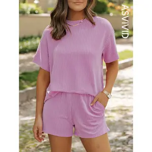 Women's Solid Soft Twisted Ribbed Knit Textured Pocket Shorts Set, Casual Short Sleeve T-shirt & Elastic Waist Shorts, Ladies Summer Clothes for Daily Wear