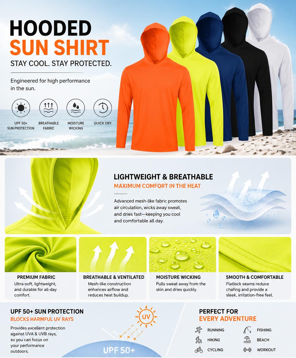 LeeHanTon Men's Sun Shirts Sun Protection Hoodie Shirt UPF 50+ Long Sleeve Work Athletic Shirt with Hooded for Fishing Hiking
