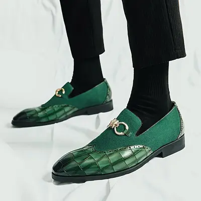 slim fit dress slacks Root Green and Tan Leather Oxfords