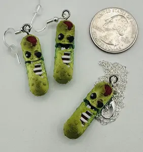 Halloween Pickle Jewelry Sets - Tickles, the Articulated Pickle - Earring & Necklace set
