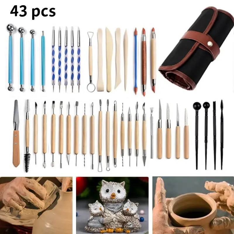 43-Pc Double-Sided Design Pottery/Ceramics Tool Set with Wooden Handles, Corrosion-Resistant Metal Tipped Heads & Carry Bag, Easy-to-Use Perfect Gift for Beginners and Experts, Ideal for Home Improvement Modeling & Smoothing Tasks