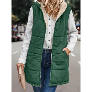 Plus Size Color Block Reversible Vest Jacket, Casual Warm Full Zipper Pocket Fuzzy Sleeveless Hooded Jacket For Fall & Winter, Women's Plus Size Clothing