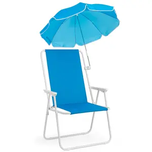 XL Folding Beach Chair with Detachable Umbrella 15" Seat Height Spring Chair in Royal Blue 265lbs Capacity for Beach Camping & Outdoor Adventures