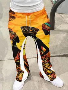 Men's streetwear retro flared pants, casual pants with black art illustration style, fusion of "ethnic style+street style", drawstring waistband, white stripes on the sides, tassel decoration on the hem, Fringe, combining decorative and casual feel