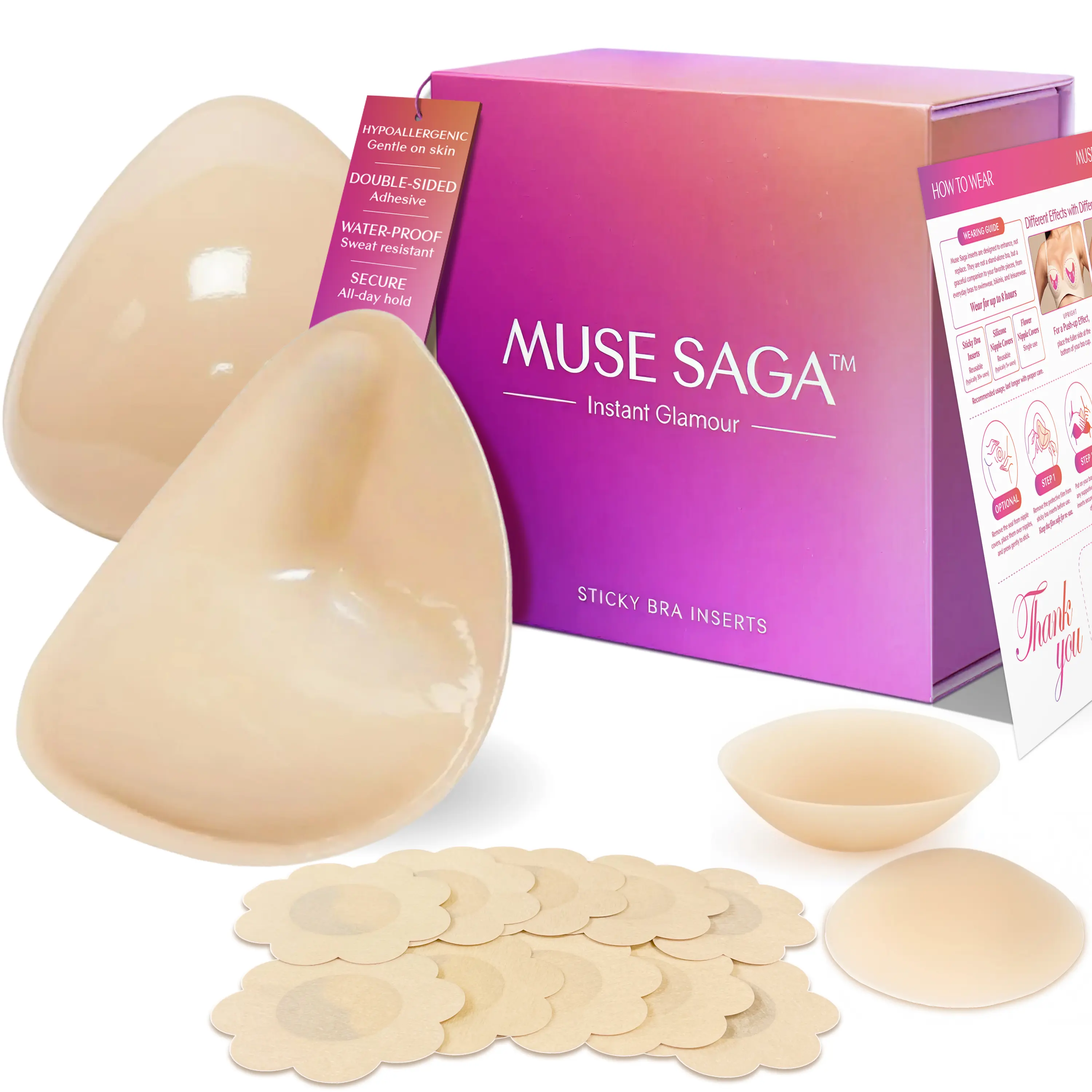 Muse Saga Push Up Sticky Bra Inserts – Seamless, Reusable Invisible Adhesive Pads for Strapless & Backless Dresses