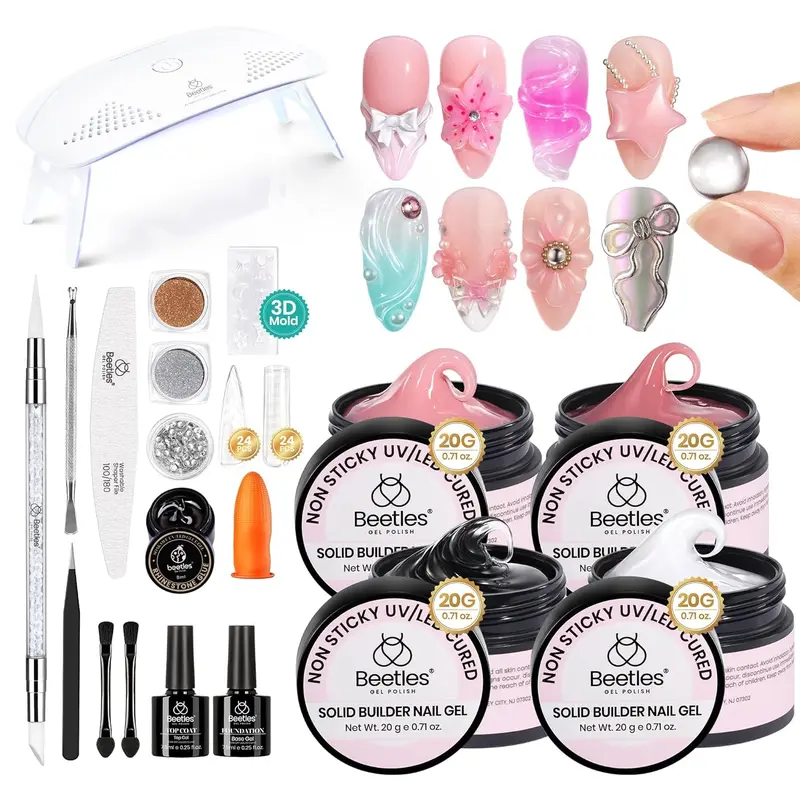 Beetles 5-in-1 30g Pink Solid Builder Gel Kit - Sculpting Gel Nail Polish Supplies with Box, Rhinestone, Resin, Silicone, Tweezers, Chrome Accents for DIY Nails at Home, Extensions, Cure Under Light, Birthday Gift (UV/LED Lamp Required)