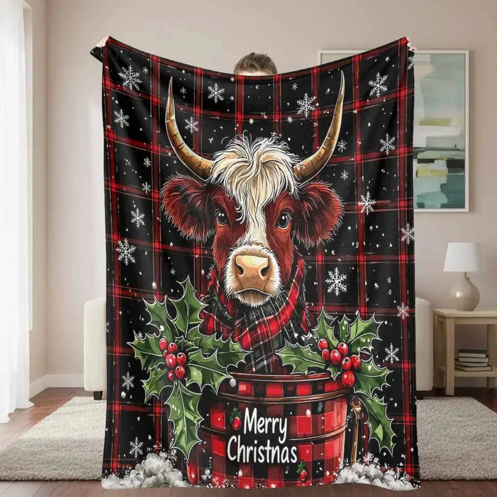 Christmas Highland Cow Red & Black Plaid Snowflake Holly Berry Xmas Pattern Flannel Blanket, Ultra Soft Plush Warm Lightweight Breathable Fade-Resistant Throw Blanket, Suitable for Bedroom, Sofa, Living Room, Home Decor, Holiday Parties, Christmas Gift