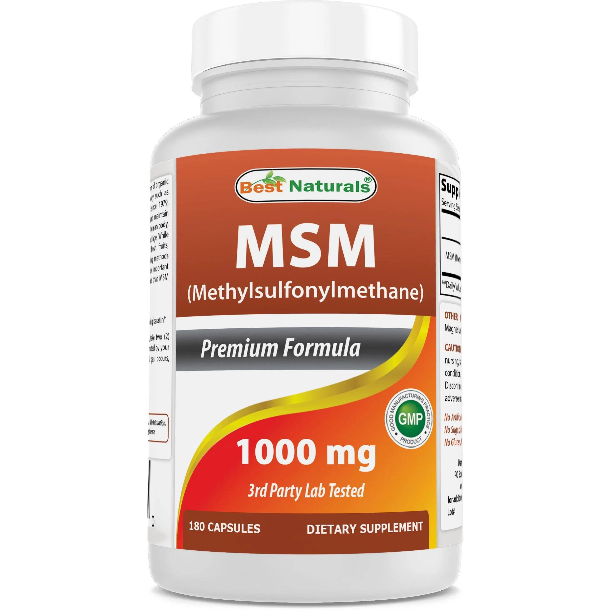 Best Naturals MSM 1000 mg 180 Capsules Non-GMO Gluten-Free Dietary Supplement Made in USA GMP Compliant FDA Registered