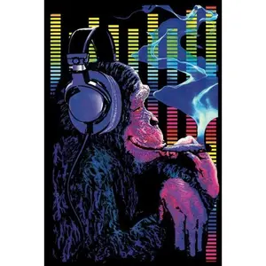 Funky Monkey Smoking Joint Music Headphones Chimpanzee Fantasy Trippy Flocked UV Black Light Blacklight Poster