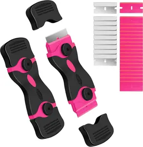 Razor Blade Scraper, Double Edged Razorblade Scraping Tool with 10 Pcs Razor Blades, Paint Scraper for Glass, Decals, Tint, Stickers, Labels, Caulk, Adhesive, 2 Pack (Pink)
